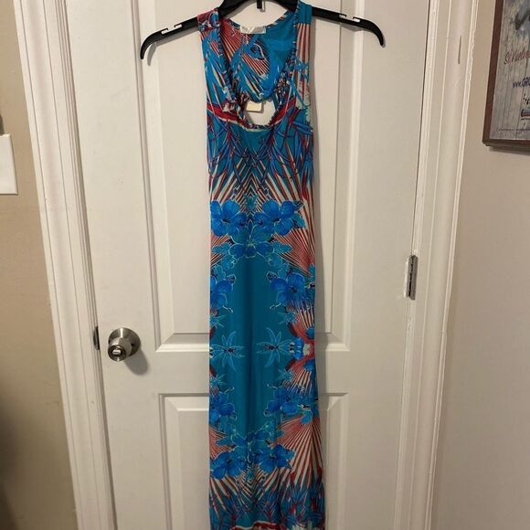 No Brand Dresses & Skirts - Julia Tropical Hibiscus Maxi Dress Womens Small Turquoise Red Fringe Cutout Back